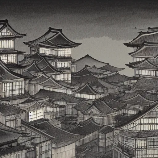 Image similar to a beautiful ink painting of buildings in japanese traditional style, in the style of hiroshi yoshida, at night, light effect, detailed, high - definition, exquisite isolated very detailed, moody lighting, 8 k highly detailed, trending on artstation