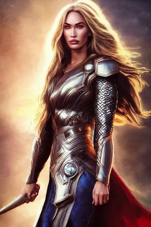 Image similar to Majestic and regal portrait of Megan fox female Thor, Marvel universe, Perfect face, beautiful, intricate, epic, elegant, menacing, fantasy, highly detailed, digital painting, hard focus, beautiful volumetric lighting, epic light, ultra detailed, by Leesha Hannigan, Ross Tran, Thierry Doizon, Kai Carpenter, Ignacio Fernández Ríos