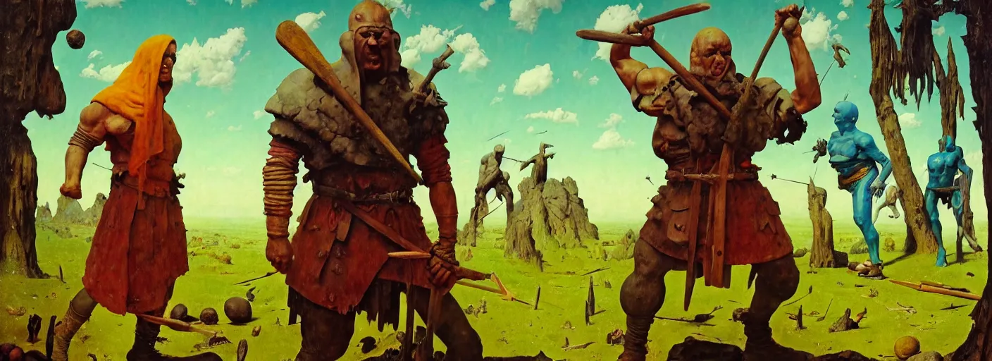 Image similar to full - body portrait surreal colorful clay fighting artstation rpg barbarian character concept art anatomy, action pose, very coherent and colorful high contrast masterpiece by norman rockwell franz sedlacek hieronymus bosch dean ellis simon stalenhag rene magritte gediminas pranckevicius, dark shadows, sunny day, hard lighting, reference sheet white! background