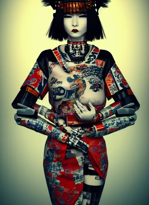 Image similar to full body photo of a punk geisha robot with kanji tattoos and decals wearing a digital pixelated kimono, intricate design, photo - realistic, octane render, ultra fine detailed, character design, trending on artstation