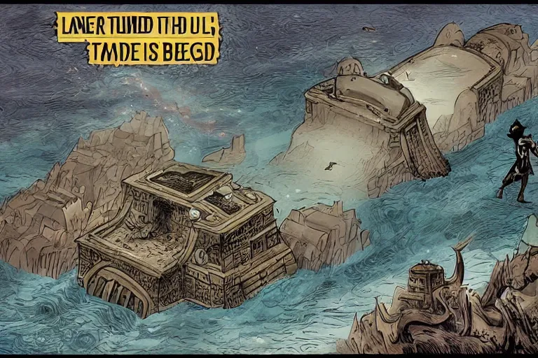 Image similar to a land outside of time and space with floating sands and flying beasts with a Fort in the middle and water tunnels below, a man standing watching over, comic book style