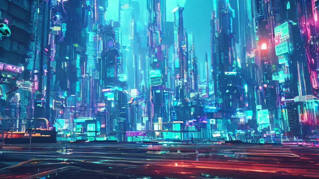 Image similar to cyberpunk city built underwater, nighttime, fluorescent led, made in blender, octane render, cinematic, volumetric lighting, futuristic,, hyperrealistic, highly detailed, colourful 4 k hd