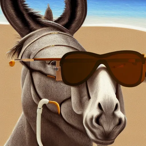 Prompt: A donkey wearing cool sunglasses at the beach, amazing detail, digital art, in the style of Irina French