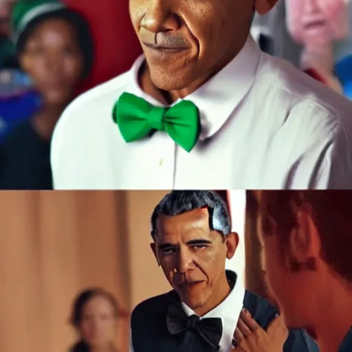 Image similar to realistic photo of casual obama with red hair wearing a black sweater and a green bow tie, still from riverdale