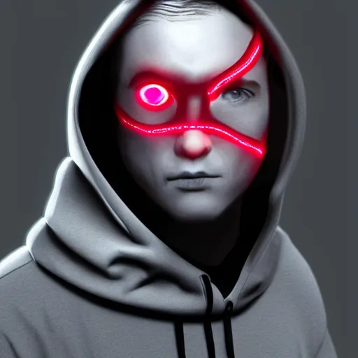 Prompt: a highly detailed headshot portrait of a man wearing a balaclava with a hoodie with glowing red eyes concept art