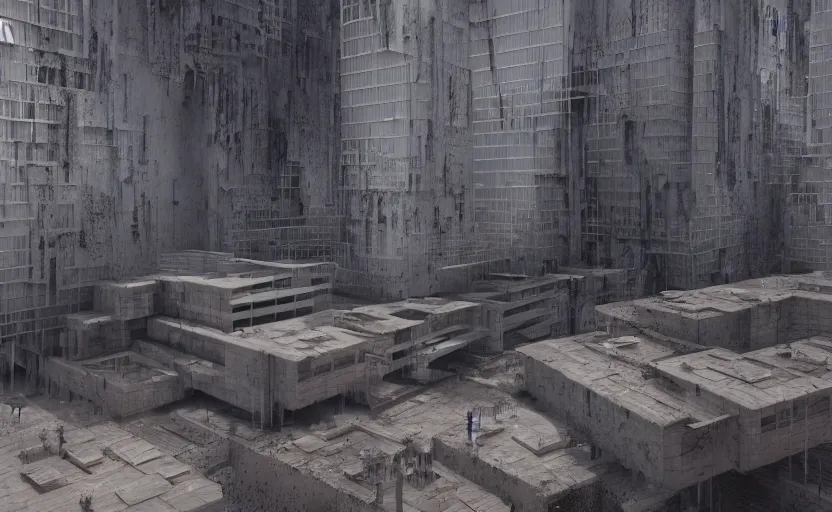 Image similar to Brutalist architecture buildings, octane render, artstation trending, horror scene, highly detailded