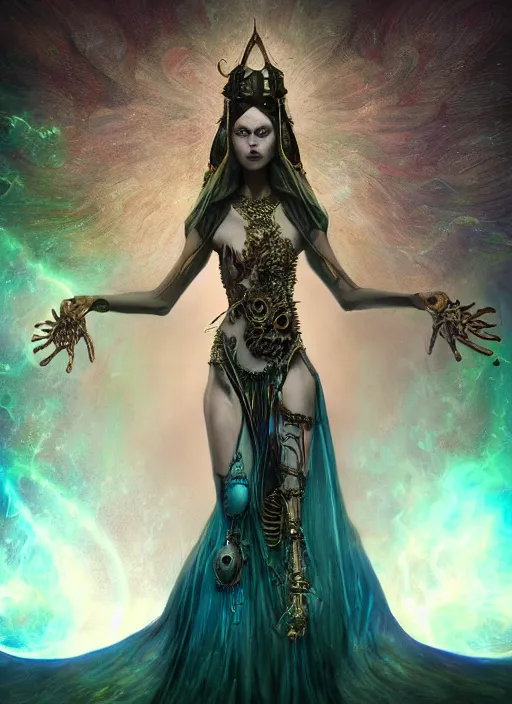 Image similar to epic portrait of menacing and agitated yet stunningly beautiful biomechanical djinn priestess of creation overseeing the iridescent fabric of the universe, by charlie bowater, mandy jurgens, gustav klimt, octane render, dramatic camera angle, 4k, 8k, high detail, HDR, by tom bagshaw, powerful, with inspiration from Beksinski, inspired by greek goddess Athena