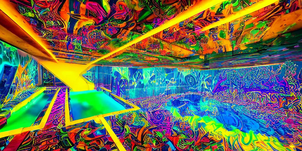 Prompt: backflip into a pool caustics lighting impressive colorful masterpiece graffiti hyper perspective textured detailed intricate