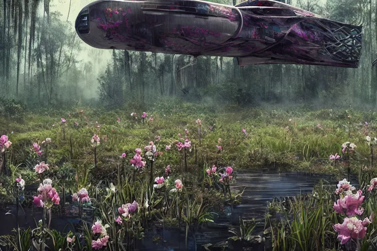 Image similar to hyperrealism, scene from louisiana swamps, starship, spring blooming flowers garden, true detective, 8 0 s japanese sci - fi books art