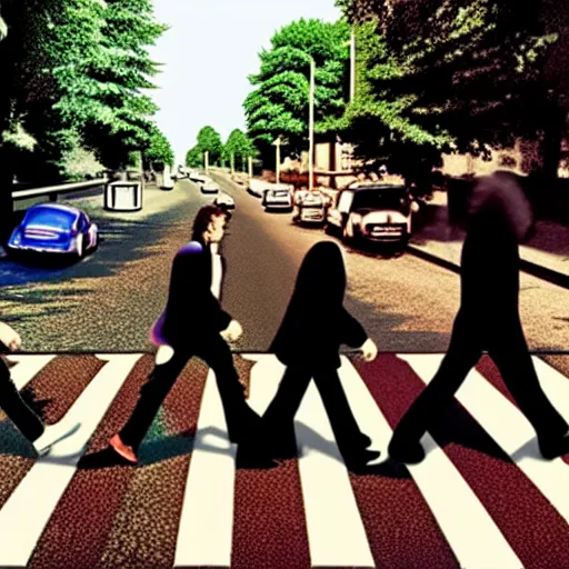 Image similar to 4 men walking on crosswalk on abbey road, city, digital art, 8 k.