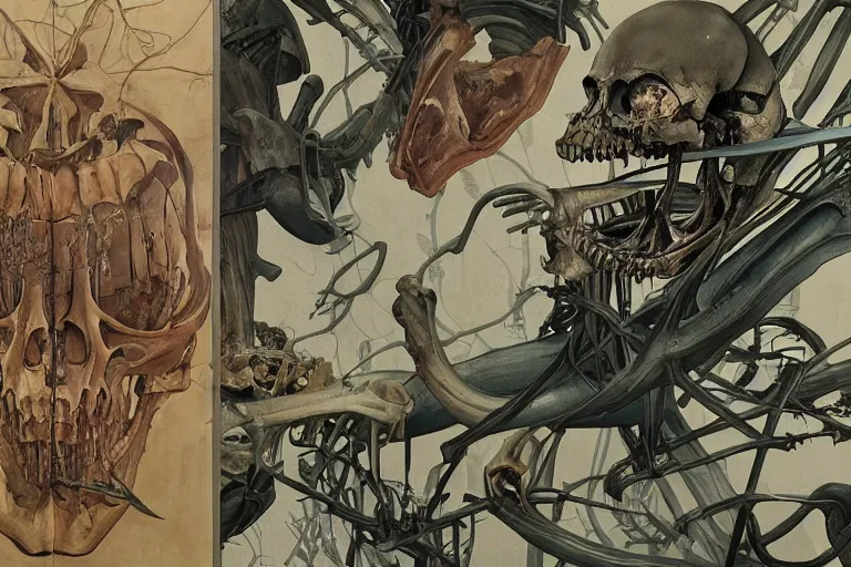 Prompt: gta, attack on titan by james jean. surreal whale skeleton. norman rockwell, trees, flowers by francis bacon, exotic vegetation, tristan eaton, victo ngai, triadic color scheme. lucian freud, a still from the film alien, indi sulta, beksinski. nicola samori, hyperrealism, intricate detailed, big brush strokes