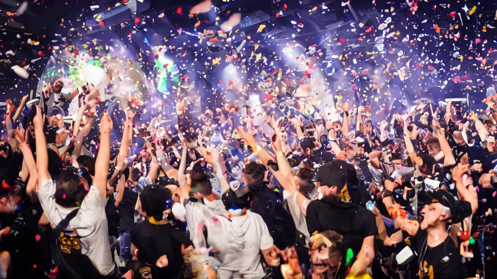 Prompt: Winner celebrating on stage at a video game tournament, moment of victory as confetti flies through the air