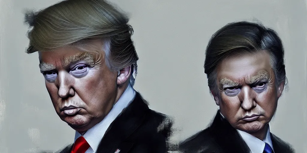 Prompt: character art by ruan jia, young donald trump paints a portrait of himself older at mar - a - lago