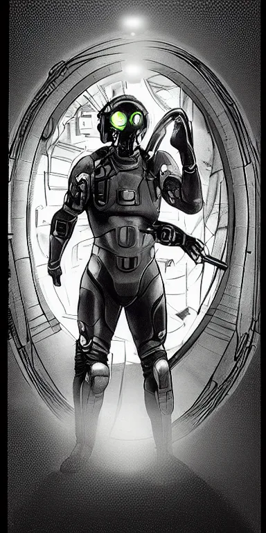 Image similar to full body cinematic shot of a male time traveling intelligence agent in a black and greyscale sealed continuity suit stepping through a time travel gateway, masculine, simple and functional with gaiter-style gas mask, a mix between splinter cell and metal gear solid by alphonse mucha