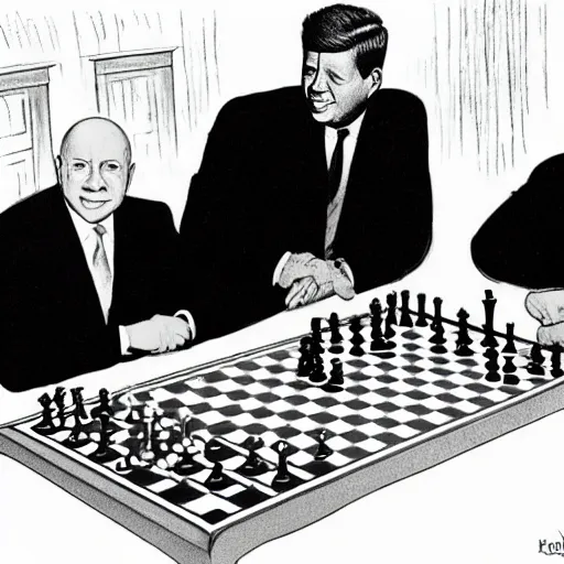 Prompt: John F. Kennedy and Nikita Khrushchev playing chess with nuclear weapons on a world map, punch cartoon