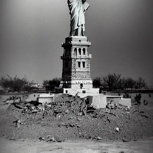 Prompt: the statue of liberty heavily decayed in a dustbowl