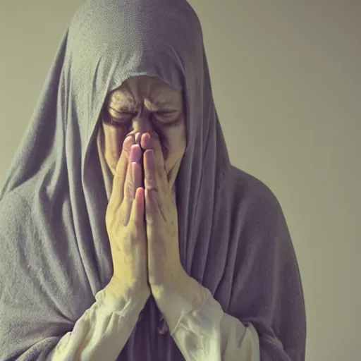 Image similar to 55mm photo of a shrouded sobbing woman praying the rosary