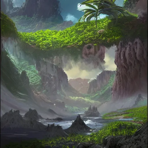 Image similar to epic concept art of a lush natural scene on an alien planet. very detailed. beautiful landscape. weird vegetation. cliffs and water. featured on deviantart.