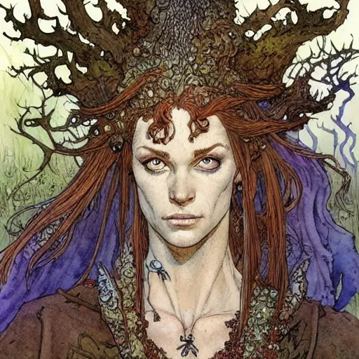 Image similar to a realistic and atmospheric watercolour fantasy character concept art portrait of a freckled incredibly beautiful woman as a druidic warrior wizard looking at the camera with an intelligent gaze by rebecca guay, michael kaluta, charles vess and jean moebius giraud