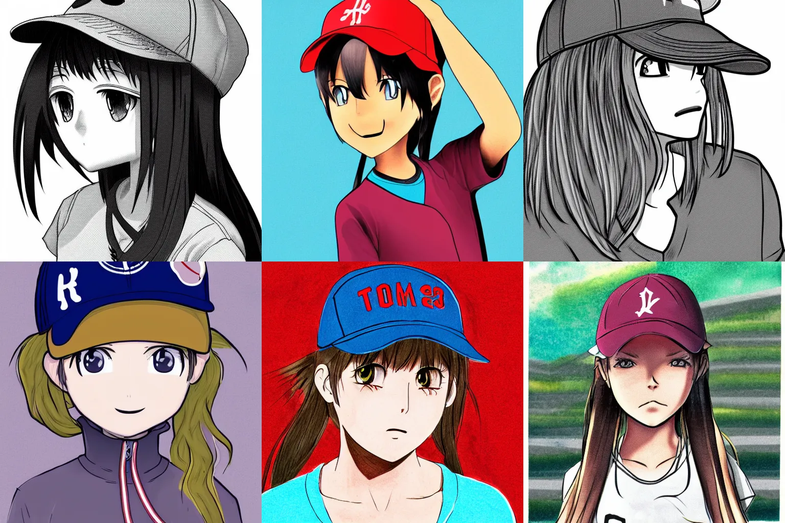 Prompt: illustration of a tomboy girl, large friendly eyes, wearing a baseball cap backwards, ponytail, manga art.