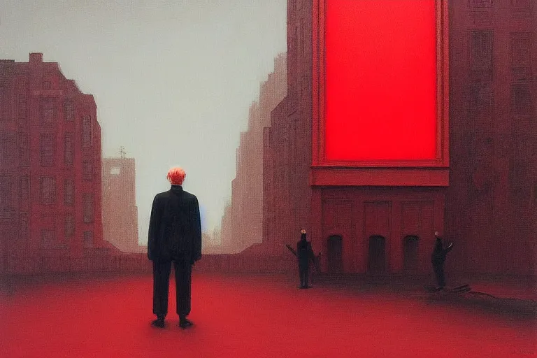 Image similar to only with red, a red old stylish man try to sell a portrait, crowd cheering, in a city square, in the style of beksinski, parts by edward hopper, parts by rodcenko, parts by yue minjun, intricate and epic composition, red by caravaggio, insanely quality, highly detailed, masterpiece, red light, artstation, 4 k