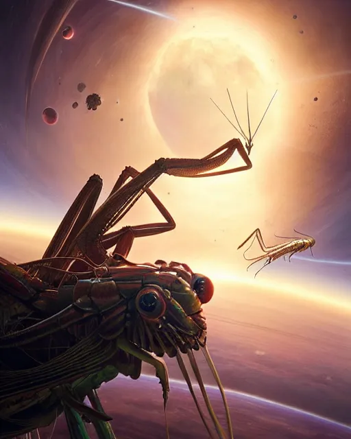 Image similar to a giant praying mantis in space eats planet, photo realistic, epic composition, epic light, high details by greg rutkowski and mark marc simonetti, game art, movie poster