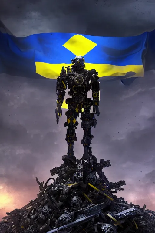 Image similar to A distant view front shot of a cyborg soldier with a Ukrainian flag behind him while he is standing on a huge pile of skulls in triumph after the battle, head is up, flag in hands, dark atmosphere, bright rays of light from the sky, beams of light, intricate, volumetric lighting, neon blue and yellow lights, highly detailed, smooth, artstation, concept art, сinematic lighting, insanely detailed, smooth, sharp focus, Artstation, 8k, unreal engine, hyper realistic, steampunk style, bright background, moonlight, volumetric lighting, wallpaper, digital illustration by Ruan Jia and Mandy Jurgens and Artgerm and Wayne Barlowe and Greg Rutkowski and Frank Frazetta