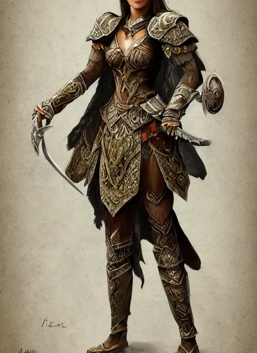 Prompt: detailed full body concept art of a warrior princess in fine clothing, painterly, micro detail