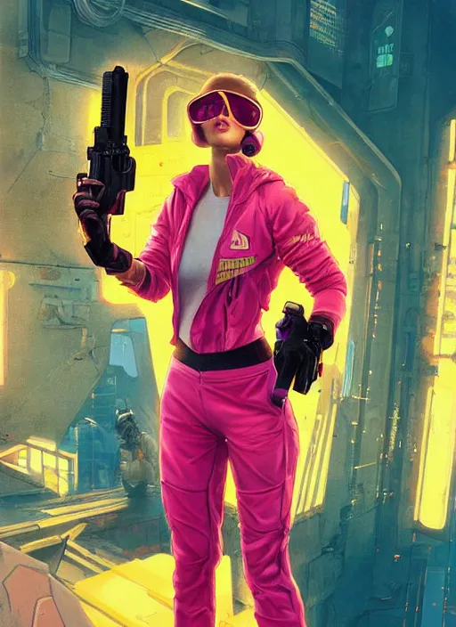 Image similar to beautiful cyberpunk female athlete wearing pink jumpsuit and yellow jacket. firing a futuristic red automatic pistol with huge magazine. ad for pistol. cyberpunk poster by james gurney, azamat khairov, and alphonso mucha. artstationhq. gorgeous face. painting with vivid color, cell shading. ( rb 6 s, cyberpunk 2 0 7 7 )