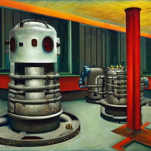 Image similar to power plant reaction chamber, robot repairmen, reactor core, grant wood, pj crook, edward hopper, oil on canvas