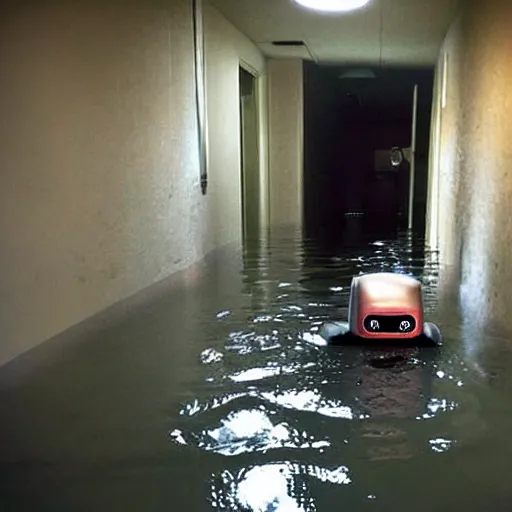 Prompt: a creepy robot at the end of a flooded basement hallway. craiglist photo.