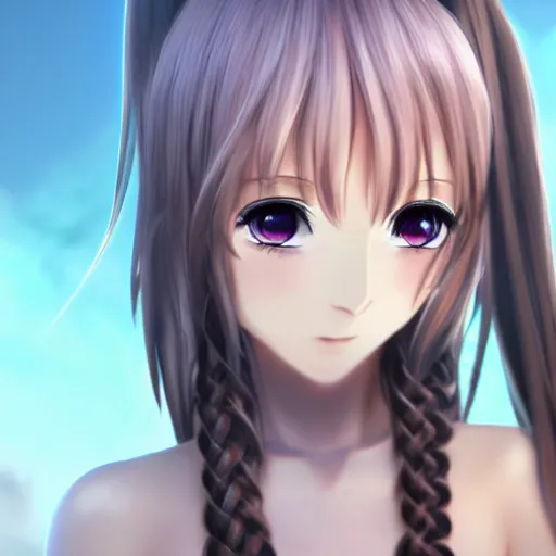 Prompt: render as a very beautiful 2D flat anime girl, hot petite, long braided hair, hazel eyes, full round face, short smile, cinematic lightning, medium shot, mid-shot, highly detailed, trending on Artstation, Unreal Engine 4k, cinematic wallpaper