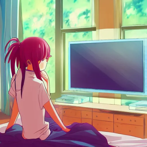 Prompt: cute art of a beautiful anime girl watching tv inside a bedroom, beautiful, colorful, aesthetically pleasing