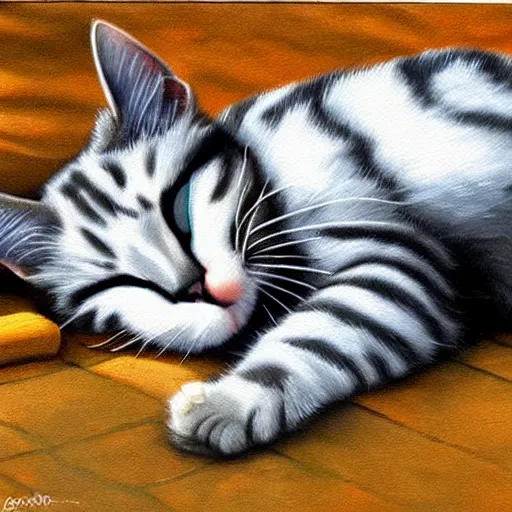 Image similar to realistic painting of a cat sleeping on a sidewalk at midnight highly detailed trending on art station