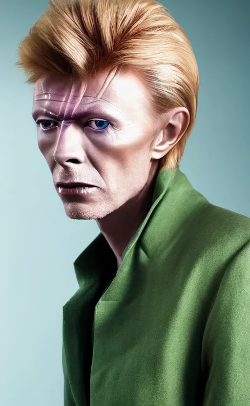 Image similar to a realistic photo of blond David Bowie in purple jacket and light green shirt, studio photography , dark grey background, softly backlit, gentle smoke effect, photo courtesy Museum of art