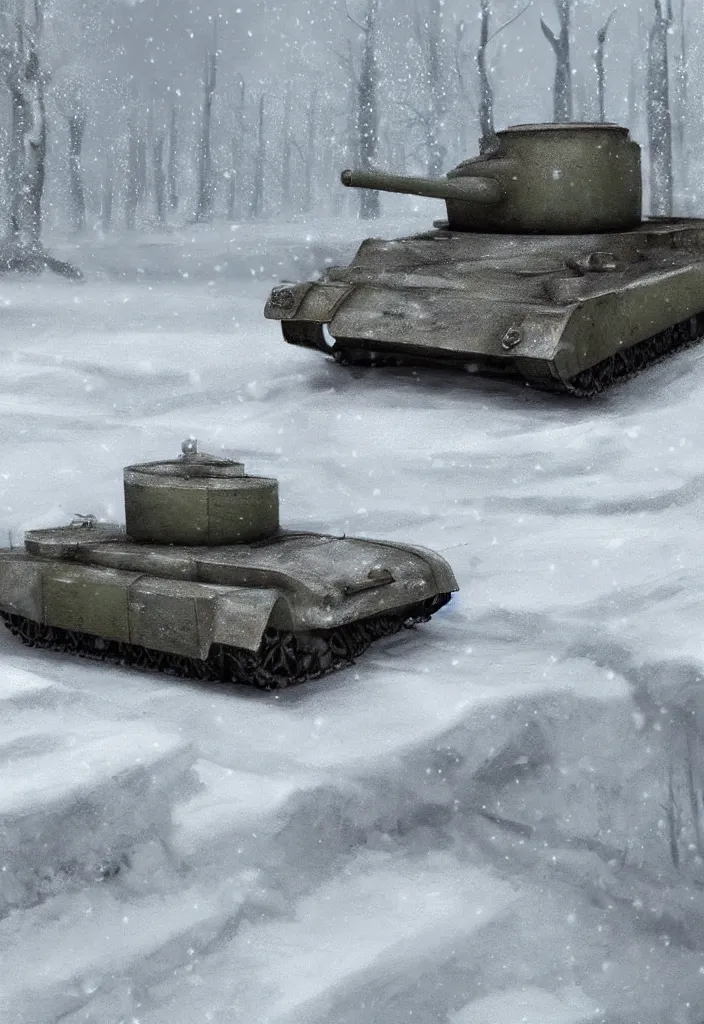 Image similar to Digital Art of a 1914 Tank in the snow, trending on artstation