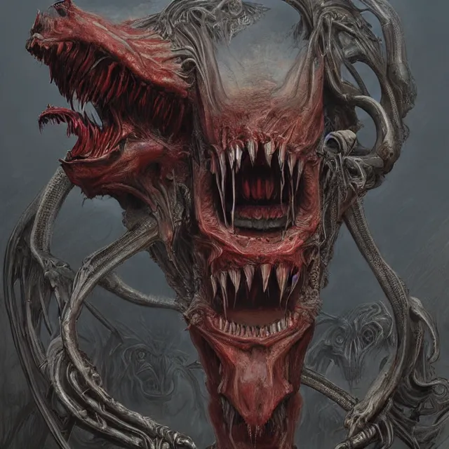 Image similar to concept art of a demonic devil with mismatched animal features with her bloody toothy mouth open wide reavealing past victeams in the style of zdzisław beksinski in the style of h. r. giger trending on artstation deviantart pinterest furaffinity detailed realistic hd 8 k high resolution