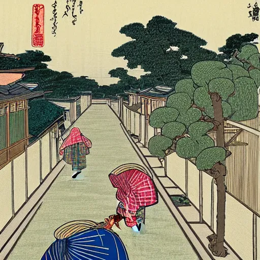 Prompt: painting of suburban american street, katsushika hokusai style