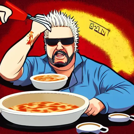 Image similar to Guy Fieri drowning himself in gravy sauce in flavor town, 4k, food, sauce, gravy