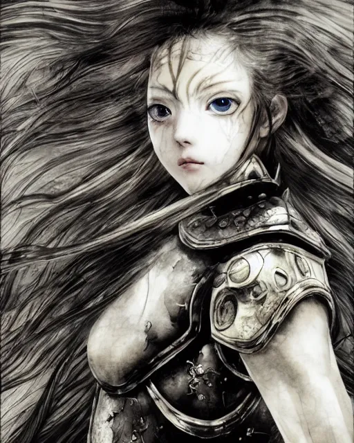 Image similar to Yoshitaka Amano realistic illustration of an anime girl with wavy white hair and cracks on her face wearing Elden ring armour with the cape fluttering in the wind, abstract black and white patterns on the background, noisy film grain effect, highly detailed, Renaissance oil painting, weird portrait angle