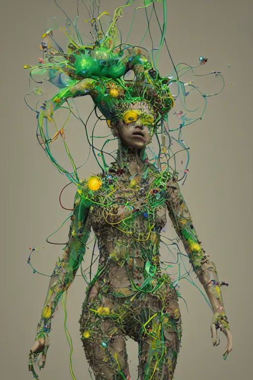 Prompt: an epic non - binary model, subject made of cracked clay, vine headdress, cables all over body, with yellow and green bubbles bursting out, delicate, beautiful, intricate, melting into jolteon, houdini sidefx, by jeremy mann and ilya kuvshinov, jamie hewlett and ayami kojima, bold 3 d