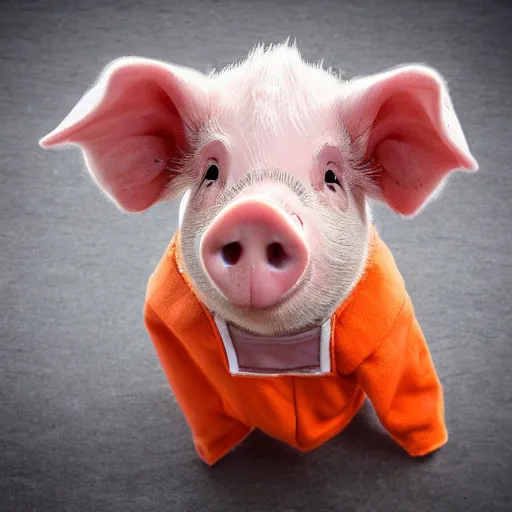 Prompt: cute pig using orange inmate clothes