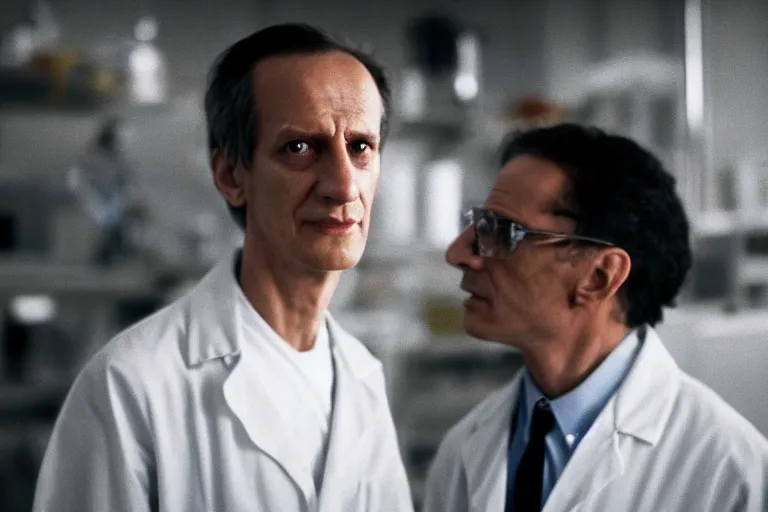 Image similar to an ultra realistic cinematic portrait of a skinny evil male scientist, stood in a lab, fog, detailed, backlight, deep focus, movie still, moody lighting, by werner herzog