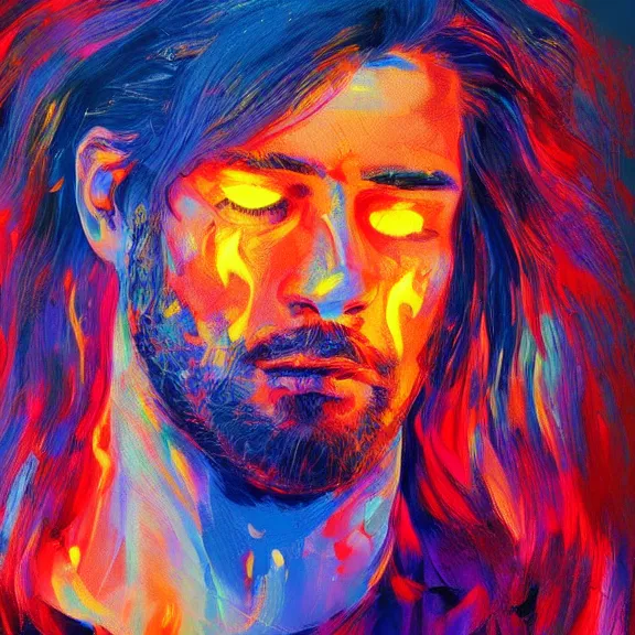 Prompt: abstract painting of man on fire. Handsome. Long hair. portrait. ArtStation. Impressionist. Psychedelic