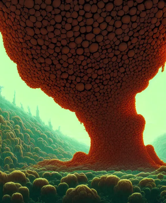 Image similar to simplicity, an elegant structure made out of exotic fungus, overgrown with creepy blobs, organic, partly cloudy, hellscape, hell, fire, brimstone, lava, by dan mumford, yusuke murata, makoto shinkai, ross tran, cinematic, unreal engine, cel shaded, featured on artstation, pixiv