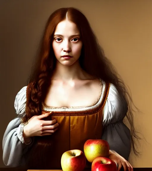 Prompt: portrait of a long - haired woman with a small apple sitting upon a table with heightened detail, poised, intense emotion, detailed facial expression, detailed surroundings, intricate, elegant, highly detailed, centered, digital painting, artstation, concept art, smooth, sharp focus, illustration, by ( leonardo da vinci ), wlop