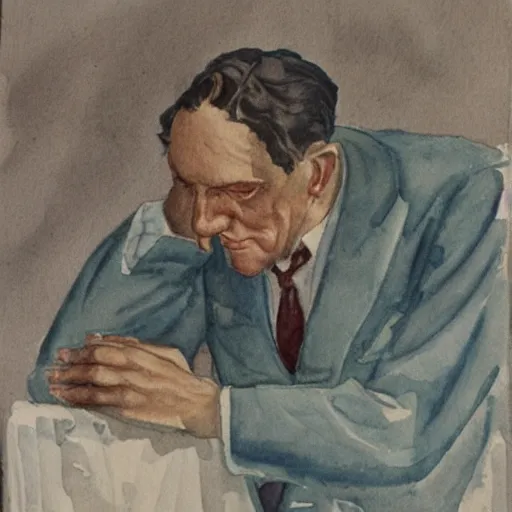 Prompt: Weary doctor. Watercolor. 1930s.