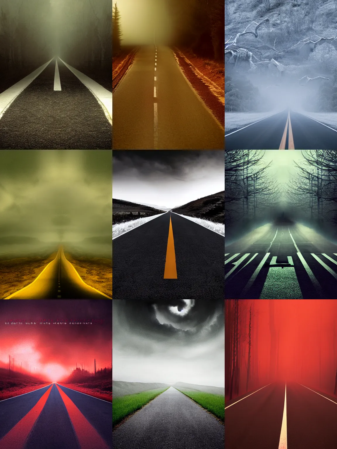 Prompt: road that leads to hell impermanence of life avant garde roger deakins cinematography horror movie inspired by excorcist cinematography compositions of gory scenes difficult humanity 4k postprocessing