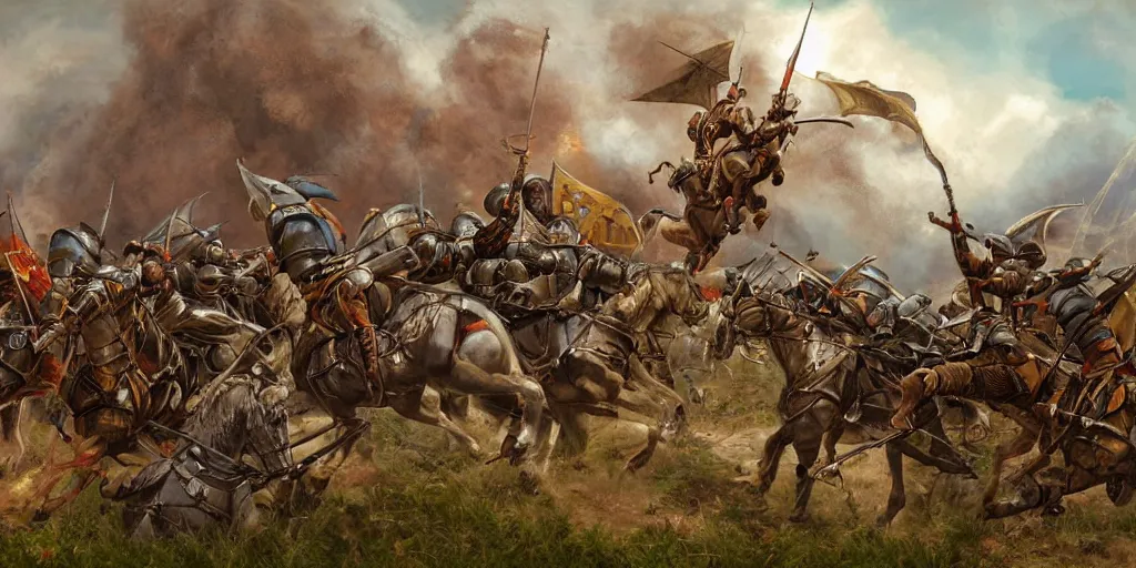 Image similar to james gurney detailed digital painting of a battle scene, mounted knights fighting against a dragon from the computer game master of magic ( 1 9 9 4 ), cinematic shot, very detailed, maximalism, unreal engine, hyper realism, realistic shading, cinematic composition, blender render, octane render, hdr, detailed textures, photorealistic, very wide shot, 1 6 mm lens