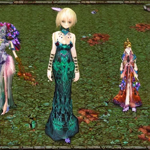 Image similar to cute female forest spirit wearing ornate floral cybernetic hungarian valentino resort dress in a 3 d psx ps 2 jrpg style, fighting fantasy monsters creatures, bright esoteric magical alien meadow ritual environment, fashion gameplay screenshot, highly detailed, atelier, xenogears